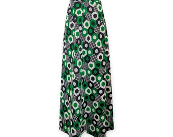 Vintage Groovy Honeycomb Maxi Skirt M ~ green white black geometric a-line