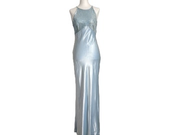 Vintage Y2k 90s Ice Blue Steppin' Out Formal Satin Halter Slip Dress XS/S ~ prom shimmer reflective open back