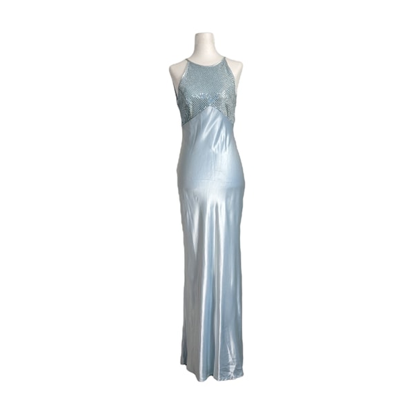 Vintage Y2k 90s Ice Blue Steppin' Out Formal Satin Halter Slip Dress XS/S ~ prom shimmer reflective open back