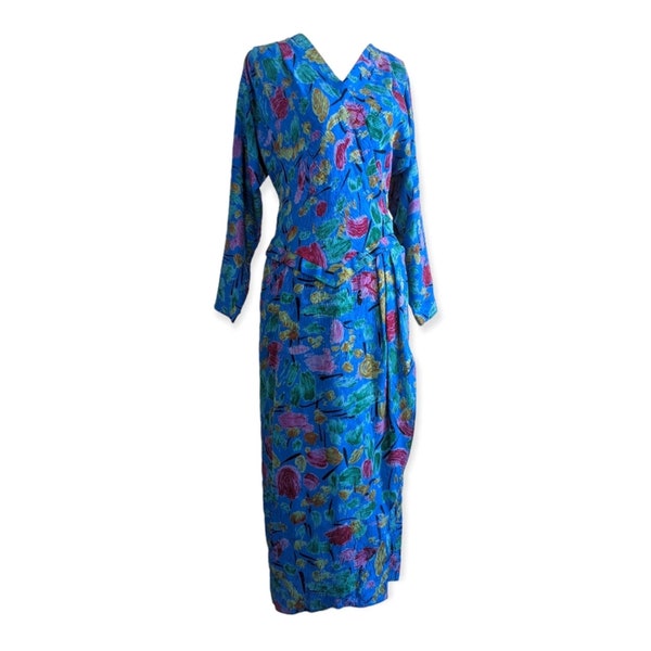 Vintage 80's Silk Wrap Maxi Pencil Dress Abstract Brush stroke Floral Peplum Regina Kravitz Glam