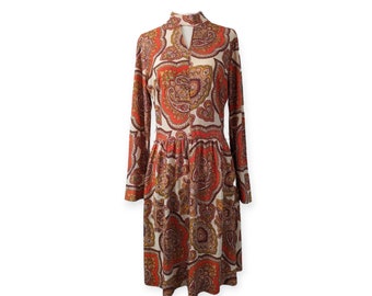 Vintage 60s 70s Paisley Orange Violet Indian Print Boho Long Sleeve Dress S Small