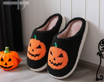 Halloween Pumpkin Slippers, Comfy Spooky Slippers, Cozy Pumpkin Slippers, Comfy Cotton Slippers, Fluffy Halloween Slippers