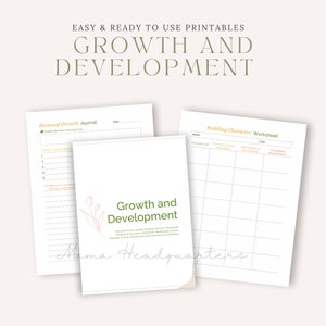 May include: Printable worksheets for personal growth and building character. The worksheets feature a green and white color scheme with a floral design and the text "Growth and Development" and "Mama Headquarters".