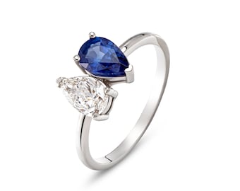 Anello Toi Et Moi, Anello di diamanti vintage con zaffiro di Ceylon, Anelli pregiati in oro bianco 18k con zaffiro a grappolo, Anello di fidanzamento con due pietre, Regalo per lei