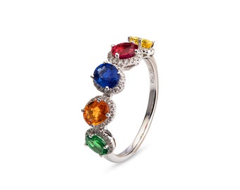 Saphir Multi Edelstein Ring, Diamant Stein Runde Brautjungfer Ring, Einzigartige Ring Designs, Zeitloser Weißgold Ring, Gold Teardrop Ring