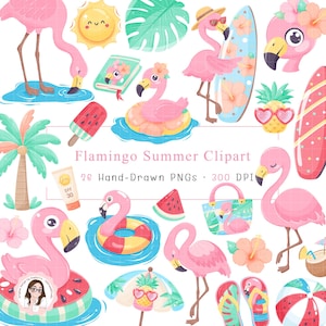 May include: A collection of hand-drawn flamingo-themed summer clipart. The illustrations include pink flamingos, a smiling sun, a surfboard, watermelon slices, and a beach bag. The text "Flamingo Summer Clipart" is visible.