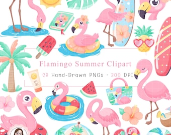 Flamingo Summer Clipart: Tropical Beach Party PNG Set (Digital Download