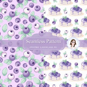 Patrón sin costuras de arándanos: bonito papel digital con diseño de panqueques y bayas, fondos JPG/PNG de 300 DPI para tela y scrapbooking.