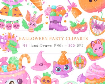 Cute Halloween Clipart, Kawaii Halloween Party PNG, Pastel Halloween Elements, Trick or Treat Digital Download, Kids Halloween Graphics