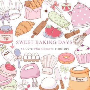 Könnte beinhalten: Eine Sammlung von niedlichen, pastellfarbenen Back-Cliparts. Enthält eine Kochmütze, Brot, Erdbeeren, ein Nudelholz, einen Mixer, einen Donut und den Text "SWEET BAKING DAYS".