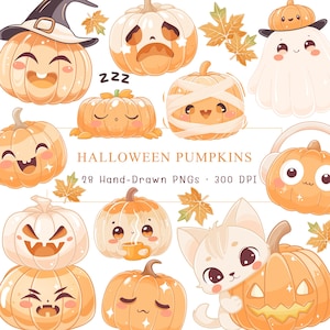 Citrouilles d&#39;Halloween - mignon Halloween Clipart ensemble, citrouilles Kawaii PNGs, graphiques automne pastel, autocollants de feuilles d&#39;automne chat fantôme