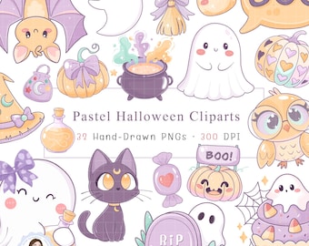 Pastel Halloween Clipart: Kawaii Ghost, Pumpkin, Witch (PNG Digital Download)