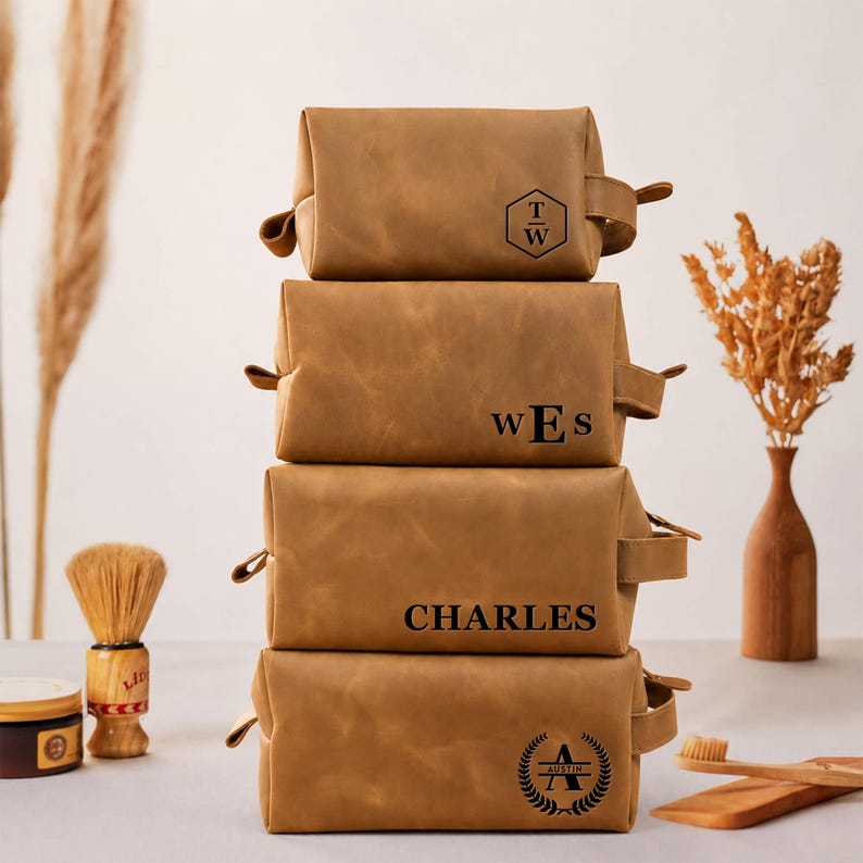 Handmade Leather Dopp Kit Groomsmen Gifts: Personalized Mens Leather Toiletry Bag, Carry on Bag Gifts For Dad, Anniversary Gift For Husband