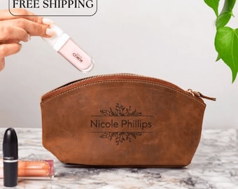 Personalized Leather Makeup Bag, Custom Toiletry Bag, Handmade Gift