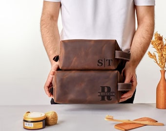 Personalized Mens Leather Toiletry Bag: Fathers Day Travel Dopp Kit for Dad, Grandpa, Husband, Grooming Case