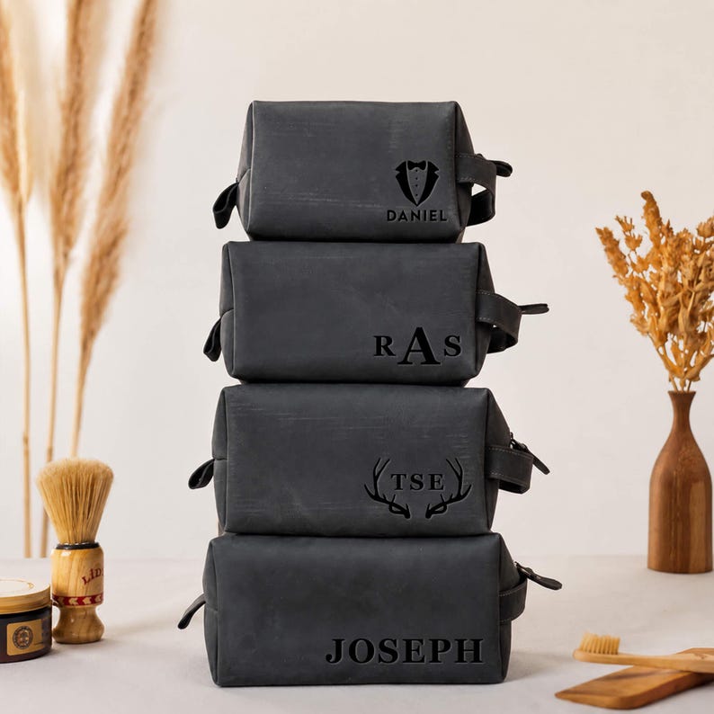 Handmade Leather Dopp Kit Groomsmen Gifts: Personalized Mens Leather Toiletry Bag, Carry on Bag Gifts For Dad, Anniversary Gift For Husband