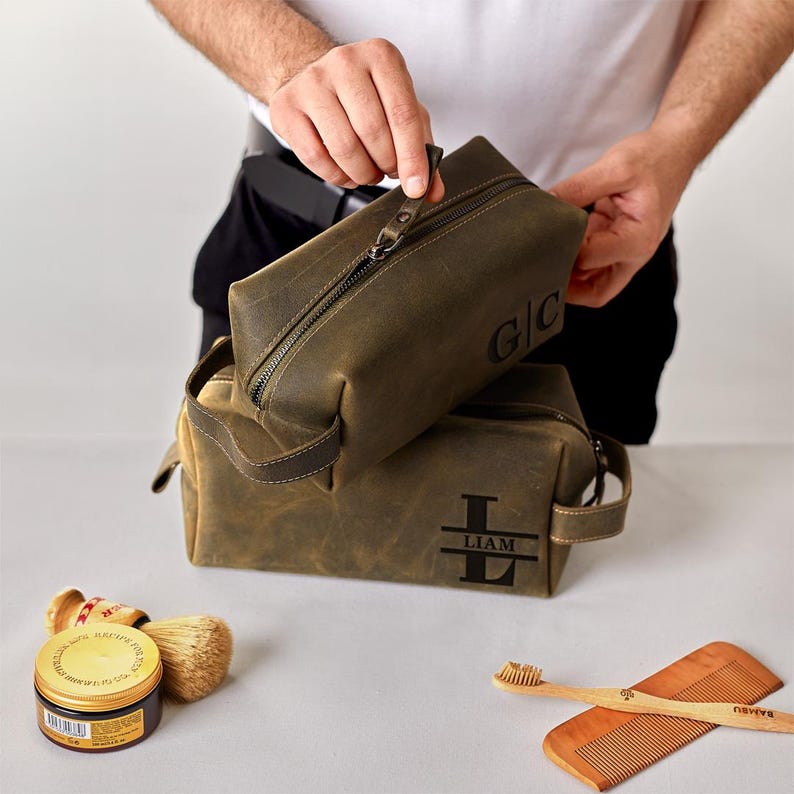 Handmade Leather Dopp Kit Groomsmen Gifts: Personalized Mens Leather Toiletry Bag, Carry on Bag Gifts For Dad, Anniversary Gift For Husband