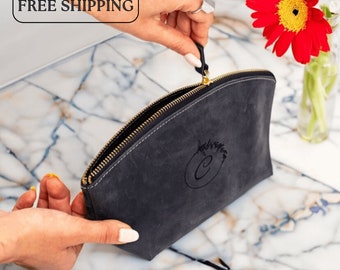 Personalized Leather Makeup Bag, Custom Cosmetic Bag Gift