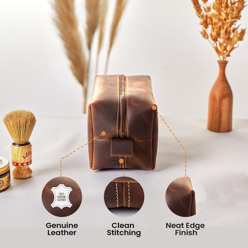 Handmade Leather Dopp Kit Groomsmen Gifts: Personalized Mens Leather Toiletry Bag, Carry on Bag Gifts For Dad, Anniversary Gift For Husband
