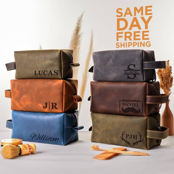 Handmade Leather Dopp Kit Groomsmen Gifts: Personalized Mens Leather Toiletry Bag, Carry on Bag Gifts For Dad, Anniversary Gift For Husband