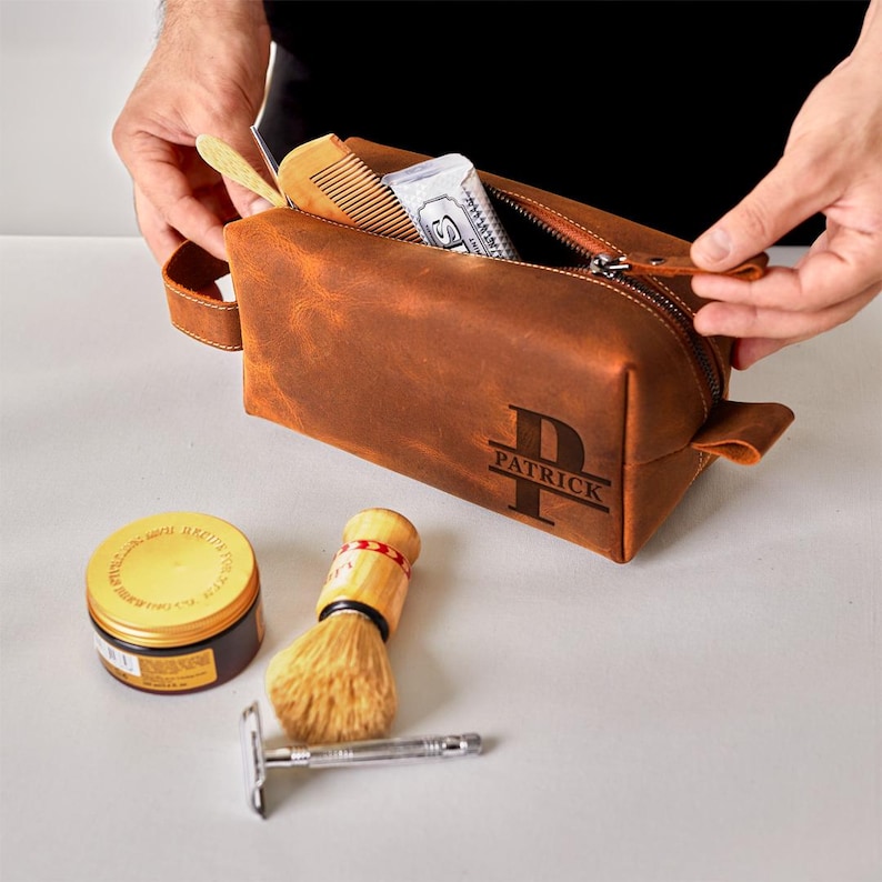 Handmade Leather Dopp Kit Groomsmen Gifts: Personalized Mens Leather Toiletry Bag, Carry on Bag Gifts For Dad, Anniversary Gift For Husband