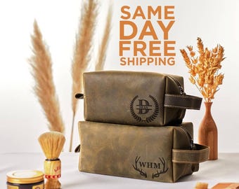 Personalized Leather Toiletry Bag, Brown Dopp Kit, Mens Travel Organizer
