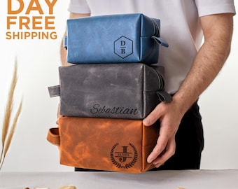 Personalized Leather Toiletry Bag, Brown Travel Washbag, Mens Dopp Kit
