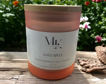Hand Poured Coconut Soy Candle with Love Spell (inspired) Scent - 10 oz Pink Glass Container with Cork Lid"