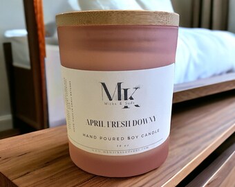 Hand Poured Coconut Soy Candle with April Fresh Downy Scent - 10 oz Pink Glass Container with Cork Lid"