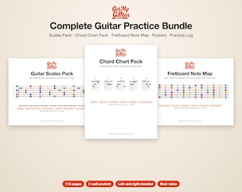 Pakiet ćwiczeń na gitarę w formacie PDF | Skale, diagramy akordów, plakat z gryfem | Dla leworęcznych i praworęcznych | Lekcje gry na gitarze do druku | Prezent dla gitarzysty