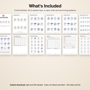 Pode incluir: Uma cole&ccedil;&atilde;o de onze tabelas instrutivas de acordes de guitarra dispostas em duas linhas. Os documentos apresentam diagramas para acordes maiores, menores e s&eacute;timos, uma tabela de capotraste e padr&otilde;es de dedilhado. O texto inclui 'What's Included'.