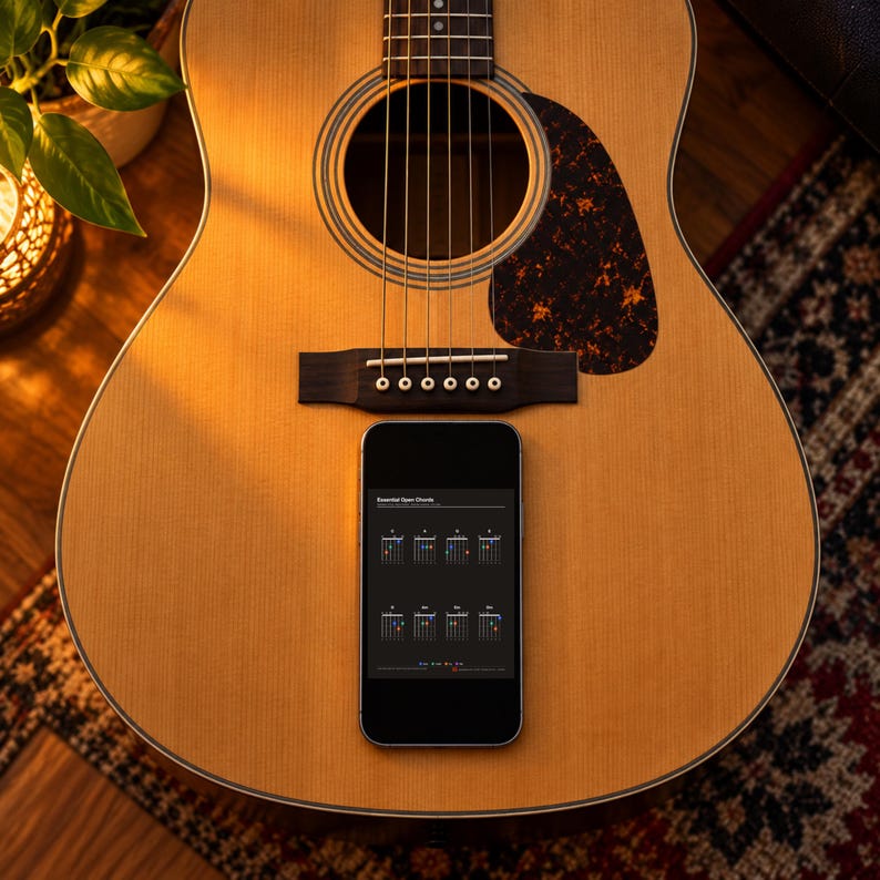 Pode incluir: Uma guitarra ac&uacute;stica com corpo de madeira clara, ponte escura e escudo de tartaruga. Um smartphone est&aacute; colocado sobre o corpo da guitarra, exibindo um ecr&atilde; com o texto Essential Open Chords e uma grelha de oito diagramas de acordes.