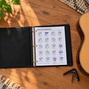Pode incluir: Um fich&aacute;rio preto de tr&ecirc;s argolas contendo uma folha branca intitulada Chords in the 5 Easiest Keys, exibindo v&aacute;rios diagramas de acordes de viol&atilde;o com pontos coloridos. O fich&aacute;rio est&aacute; posicionado ao lado de um viol&atilde;o ac&uacute;stico e um capotraste.