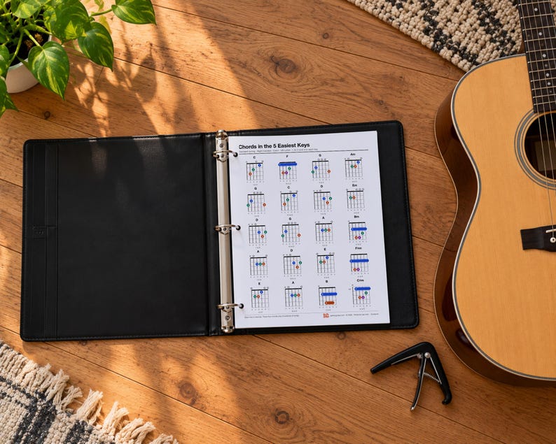 Pode incluir: Um fich&aacute;rio preto de tr&ecirc;s argolas contendo uma folha branca intitulada Chords in the 5 Easiest Keys, exibindo v&aacute;rios diagramas de acordes de viol&atilde;o com pontos coloridos. O fich&aacute;rio est&aacute; posicionado ao lado de um viol&atilde;o ac&uacute;stico e um capotraste.