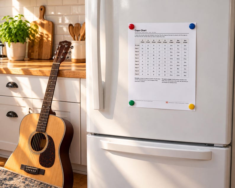 Pode incluir: Uma tabela de capo em papel branco com texto preto e uma grade de acordes musicais est&aacute; fixada em uma geladeira branca com quatro &iacute;m&atilde;s coloridos nos cantos. A tabela &eacute; intitulada Capo Chart e inclui instru&ccedil;&otilde;es para guitarristas.