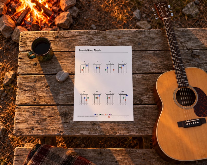 Pode incluir: Um cartaz educativo branco intitulado Essential Open Chords apresentando diagramas para os acordes C, A, G, E, D, Am, Em e Dm com marcadores de dedos coloridos, posicionado numa superf&iacute;cie de madeira ao lado de uma guitarra ac&uacute;stica e uma caneca.