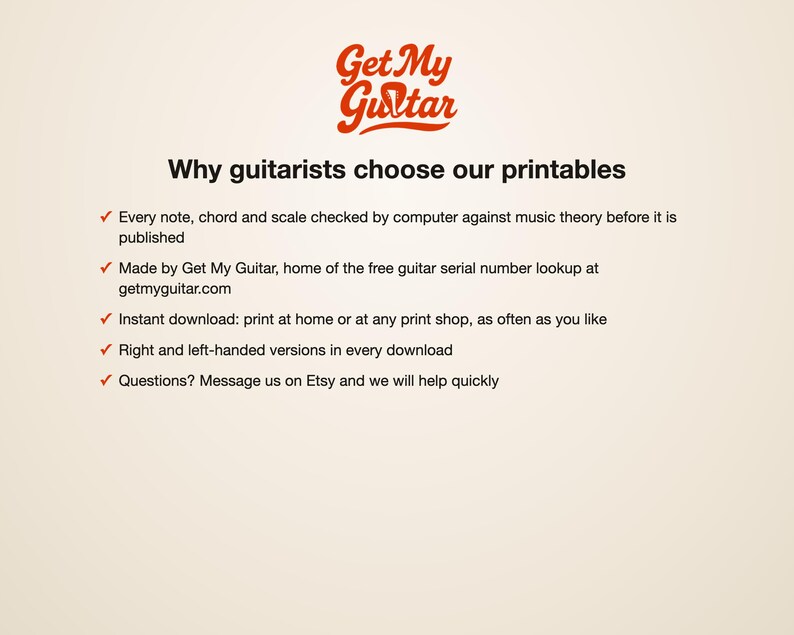 Może przedstawiać: Cyfrowa infografika zatytułowana Get My Guitar z nagł&oacute;wkiem Why guitarists choose our printables. Zawiera pięć punkt&oacute;w dotyczących teorii muzyki sprawdzonej komputerowo, wyszukiwania numer&oacute;w seryjnych, pobierania, stronności i wsparcia.