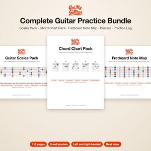 Pacchetto PDF per esercitarsi con la chitarra / Scale, diagrammi di accordi, poster della tastiera / Per destrimani e mancini / Lezioni di chitarra stampabili / Regalo per chitarristi immagine 1