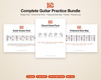 Gitaar oefenpakket in PDF | Toonladders, akkoordenschema's, fretboardposter | Voor links- en rechtshandigen | Printbare gitaarlessen | Cadeau voor gitaristen