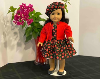 Red roses print dress ensemble for 18” dolls such as American Girl