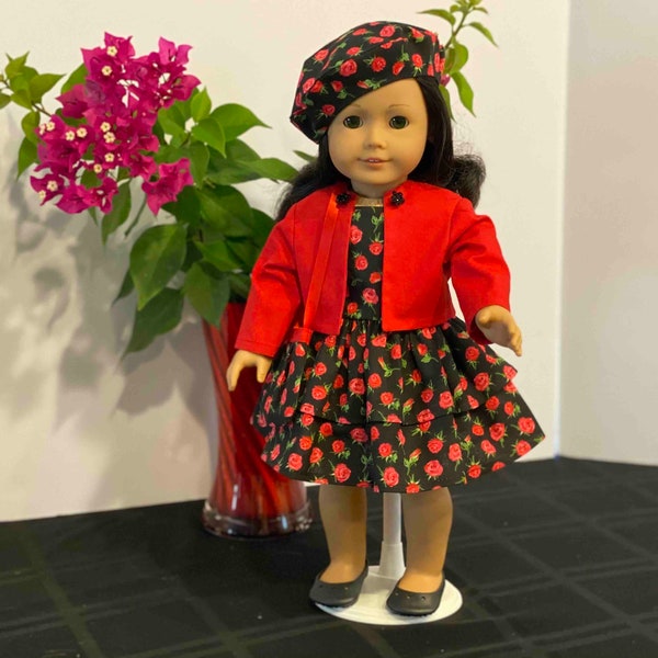 Red roses print dress ensemble for 18” dolls such as American Girl