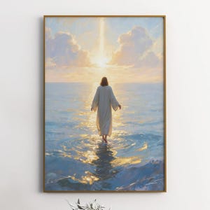 Jesus Walking into Light Wall Art Printable, Faith and Hope Christian Decor, Sunrise Ocean Scene with Jesus, Spiritual Digital Download