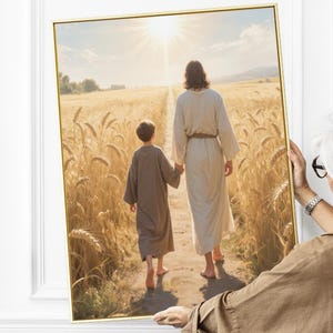 Jesus and Child Walking in Wheat Field Wall Art Printable, Christian Sunshine Pathway Decor, Faith Journey Digital Print, Spiritual Gift
