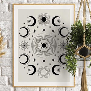 Mystical moon wall art, boho eye poster, celestial printable decor, black and white spiritual line art, moon phase digital print