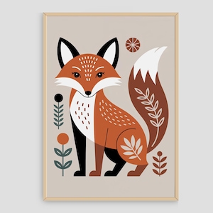 Folk fox wall art scandinavian animal print woodland nursery decor digital download forest kids room artwork