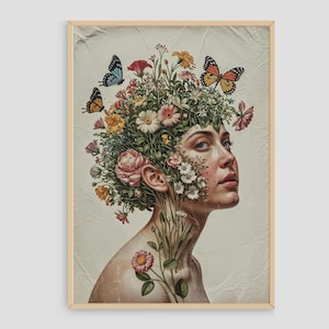 Botanical woman art print blooming flowers portrait surreal feminine decor butterfly artwork digital wall illustration
