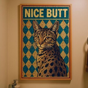 Nice Butt Cat Wall Art Printable, Funny Bathroom Cat Poster, Spotted Cat Vintage Decor, Retro Animal Humor Sign, Digital Download