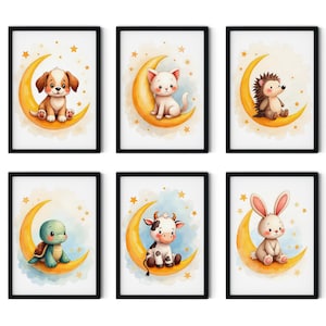 Láminas de animales para guardería, arte mural de luna y estrellas, descarga digital, decoración infantil con un bosque encantador, descarga instantánea, regalo para baby shower