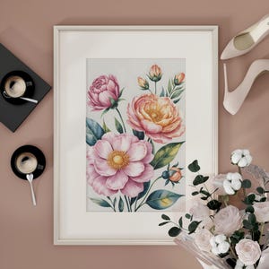 Watercolor peony print, blush and peach floral wall art, romantic flower poster, feminine digital artwork, pastel botanical home decor
