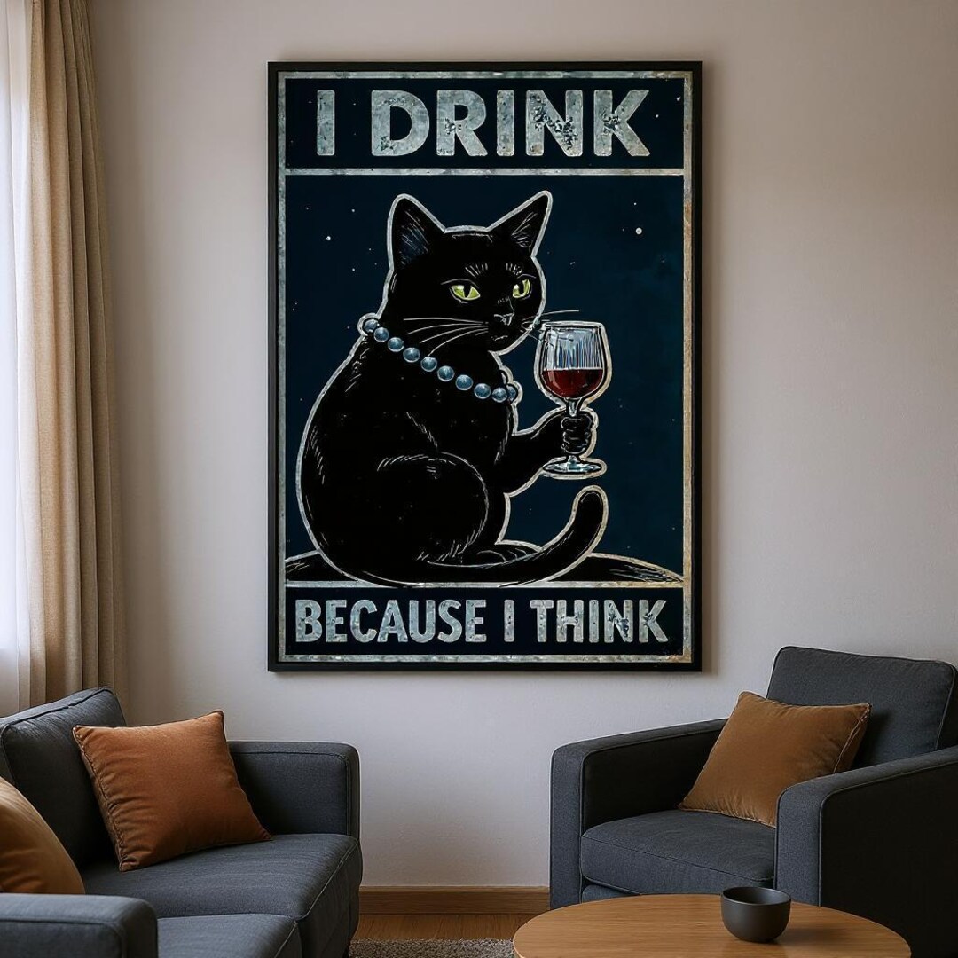 Funny Black Cat Wine Wall Art Printable, I Drink Because I Think Poster ...